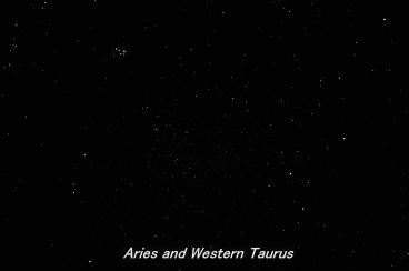 Photograph of the constellation Aries, the Ram and the Western part of Taurus,The Bull (click for full-size photo)
