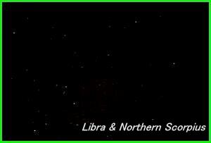 Photograph showing the constellation of Libra, the Balance and the Northern region of Scorpius, the Scorpion. Click for a full-size photo (Copyright Martin J Powell, 2006)