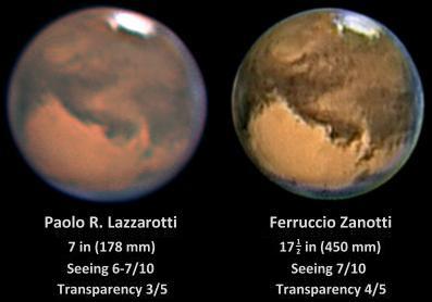 The planet Mars imaged by Paolo R Lazzarotti (left) and Ferruccio Zanotti (right) in August 2003 (Images: Paolo R Lazzarotti/Ferruccio Zanotti /ALPO-Japan)