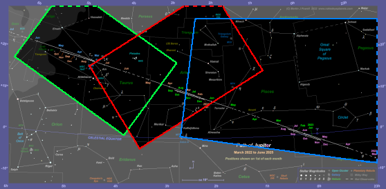Chart showing the areas of the 2022-25 star chart which are covered by the photographs. Dashed lines indicate that the photograph extends beyond the boundary of the star chart
