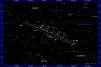 Star chart showing the paths of Jupiter and Uranus in South-western Pisces from May 2010 to February 2011. Click for full-size image, 58 KB (Copyright Martin J Powell 2009)