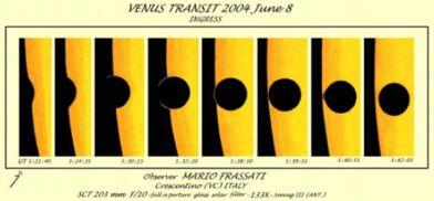 Drawings showing the 'black drop effect' and the 'aureole' of Venus during the transit of June 2004. Click for full-size image, 30 KB (Image: Mario Frassati/BAA)