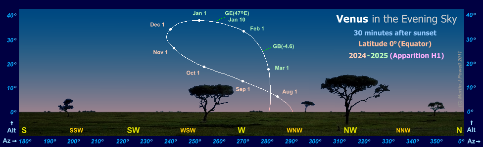 Path of Venus in the evening sky during 2024-25, seen from the Equator (Copyright Martin J Powell 2016)